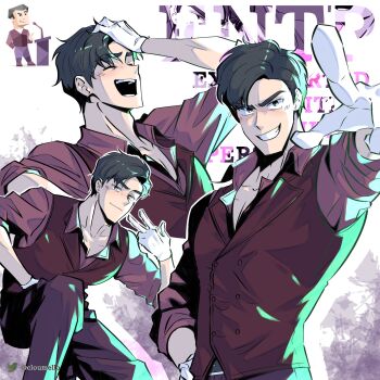 16personalities 1boy arm_up black_eyes black_hair closed_eyes cloumello commentary debater_(16personalities) gloves hand_on_own_head highres laughing looking_at_viewer male_focus multiple_views myers-briggs_type_indicator open_mouth pants parted_hair purple_pants purple_shirt purple_theme red_vest shirt short_hair smile vest white_gloves