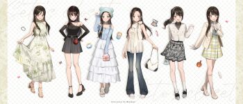 1girl absurdres ankle_strap arm_behind_back artist_name bag bare_shoulders beanie belted_skirt black_shirt black_shoes black_skirt blazer blouse blue_hat blue_shirt blush boots bottle bow brown_eyes brown_hair brown_shoes cardigan commentary denim detached_sleeves donut dress earflap_beanie earrings finger_to_own_chin flower_earrings food full_body grid grid_background hair_behind_ear hair_ornament hairclip halterneck handbag hands_on_own_hips hat high_heel_boots high_heel_sandals high_heels highres holding holding_bag jacket jeans jewelry lipstick long_hair long_skirt long_sleeves looking_at_viewer makeup makeup_palette miniskirt multiple_views one_eye_closed original pants parfait parted_bangs perfume_bottle pink_lips pink_nails plaid_clothes plaid_skirt platform_sandals ponytail sandals seto_jiro shirt shoes silver_shoes simple_background skirt sleeves_past_wrists socks star_(symbol) star_hair_ornament sweater sweater_tucked_in thighs tiered_skirt turtleneck unworn_ring waving white_dress white_shirt white_shoes white_skirt white_socks white_sweater