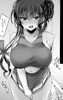 Rule 34 | 1girl, breasts, cheerleader, greyscale, heart, highres, holding, holding pom poms, ichiyou moka, large breasts, long hair, monochrome, navel, open mouth, pom pom (cheerleading), pom poms, saimin kanojo (ichiyou moka), skirt, solo, speech bubble, sweat, takanashi ouka (ichiyou moka), teeth, translation request, trembling, upper teeth only