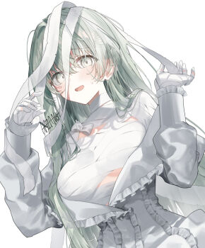 1girl bandaged_arm bandaged_chest bandaged_neck bandages blush breasts cecilia_(shiro_seijo_to_kuro_bokushi) frills green_eyes green_hair grey_eyes hair_between_eyes halloween_costume kazutake_hazano large_breasts long_hair long_sleeves looking_at_viewer mummy_costume open_mouth shiro_seijo_to_kuro_bokushi signature simple_background solo sweatdrop upper_body white_background