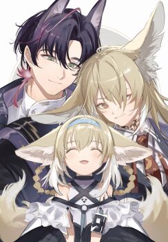 1boy 2girls absurdres akekaede824 animal_ears arknights blonde_hair braid braided_hair_rings closed_eyes closed_mouth colored_tips commentary extra_ears family father_and_daughter fox_boy fox_ears fox_girl fox_tail green_eyes hair_rings hairband highres husband_and_wife infection_monitor_(arknights) long_hair mother_and_daughter multicolored_hair multiple_girls necktie open_mouth orange_eyes pink_hair purple_hair red_necktie short_hair streaked_hair suzuran&#039;s_father_(arknights) suzuran_(arknights) tail twin_braids very_short_hair vulpisfoglia_(arknights) white_hair