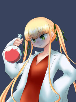 1girl alternate_costume blonde_hair blue_background closed_mouth coat commentary_request dress flat_chest green_eyes green_ribbon hair_ribbon highres itini-sanshi lab_coat long_hair long_sleeves open_clothes open_coat potion red_dress ribbon rozen_maiden shaded_face shinku sidelocks simple_background smile solo textless_version twintails upper_body variant_set very_long_hair