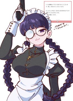 Rule 34 | 1girl, 2025, apron, black dress, black lagoon, bob cut, braid, breasts, commentary request, cross, cross necklace, dated, dress, glasses, gold buttons, gun, highres, holding, holding gun, holding weapon, jewelry, large breasts, looking at viewer, maid, maid apron, maid headdress, marshmallow (site), necklace, puffy sleeves, purple eyes, purple hair, roberta (black lagoon), round eyewear, simple background, translation request, tsunemoku, twin braids, weapon, white apron, white background
