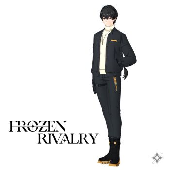 1boy 3d alternate_costume black_boots black_hair black_jacket black_pants blender_(medium) boots closed_mouth commentary english_commentary full_body goo_engine_(medium) grey_sweater guest_art hair_between_eyes hand_in_pocket jacket jewelry logo long_hair male_focus male_rover_(wuthering_waves) necklace pants rover_(wuthering_waves) simple_background solo standing sweater title turtleneck turtleneck_sweater white_background winterstellar_studios wuthering_waves yellow_eyes