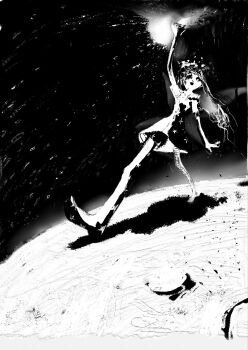 1girl arm_up clownpiece dress fabit609 fairy_wings fisheye giant giantess greyscale hashtag-only_commentary hat highres jester_cap long_hair monochrome open_mouth planet polka_dot smile solo space star_(symbol) star_print thighhighs touhou walking wings