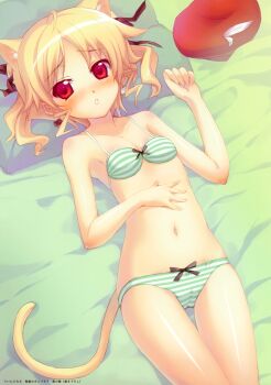 1girl absurdres agnes_boulange animal_ears bed blonde_hair bow bow_bra bow_panties bra cat_ears cat_tail female_focus green_bra green_panties hat highres lingerie lying minamura_haruki on_back on_bed panties pillow red_eyes shukufuku_no_campanella solo striped_bra striped_clothes striped_panties tail thigh_gap underwear underwear_only