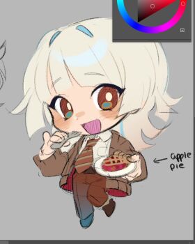 1boy :d apple_pie art_program_in_frame brown_cardigan brown_eyes brown_necktie brown_pants cardigan chibi collared_shirt dessxericas diagonal-striped_clothes diagonal-striped_necktie dress_shirt food fork full_body holding holding_fork holding_plate knee_up looking_at_viewer male_focus medium_hair necktie open_cardigan open_clothes open_mouth pants pie plate saihate_eki shirt shoes sketch smile solo striped_clothes tatsunami_shion white_hair white_shirt