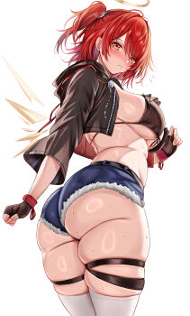 1girl alternate_breast_size_(larger) alternate_costume angel arknights ass bikini black_bikini black_gloves black_jacket breasts commentary_request denim denim_shorts detached_wings exusiai_(arknights) exusiai_the_new_covenant_(arknights) fingerless_gloves from_side gloves halo highres jacket large_breasts looking_at_viewer red_hair short_hair shorts side_ponytail simple_background solo swimsuit thigh_strap thighhighs thighs uminekoin_kujira white_background white_thighhighs wings yellow_eyes