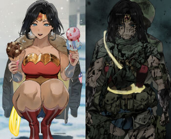 Rule 34 | 1girl, absurdres, biceps, black hair, blood, blood on clothes, blood on face, blood on hands, blue eyes, bracer, coat, commentary, dc comics, depressed, dessert, diana prince, empty eyes, english commentary, food, food on face, gold bracer, gold tiara, hat, highres, holding, holding food, holding ice cream, holding ice cream cone, ice cream, ice cream cone, jacket, lasso, lasso of truth, military combat uniform, military dress uniform, military hat, military jacket, military uniform, park ongjol, revision, soldier, star (symbol), superhero costume, tiara, western comics (style), wonder woman, wonder woman (series)