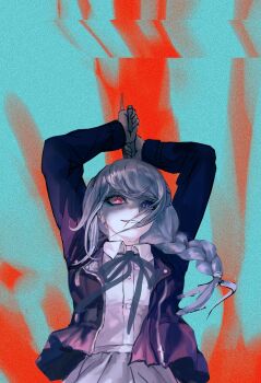 1girl arms_up blue_background braid collared_shirt cropped_torso evil_smile film_grain grey_skirt highres holding holding_sickle imminent_death jacket kirifuji_nozomi looking_at_viewer looking_down nonamesiamese partially_shaded_face pleated_skirt possessed purple_eyes purple_jacket red_eyes shirt sickle skirt smile solo solo_focus tearing_up tears the_hundred_line_-last_defense_academy- white_hair white_shirt