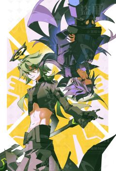 2boys abs absurdres aotu_world belt black_belt black_cape black_gloves black_jacket black_pants black_shirt cape chinese_commentary closed_mouth crop_top cropped_jacket fingerless_gloves gloves green_hair grey_pants grin hair_between_eyes halo highres holding holding_sword holding_weapon implied_yaoi jacket jewelry long_hair long_sleeves looking_at_viewer low_ponytail male_focus midriff multicolored_eyes multiple_boys multiple_rings navel nekoboxy pants parted_lips pointy_ears ponytail purple_eyes purple_hair red_eyes reg_(aotu_world) ring shirt smile sword upside-down very_long_hair waist_cape watermark watermark_grid weapon wings xander_(aotu_world) yellow_eyes