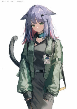 1girl absurdres animal_ears arknights artist_name black_dress blue_hair cat_ears cat_girl cat_tail colored_inner_hair commentary_request cosplay dated dress green_eyes green_jacket highres id_card infection_monitor_(arknights) jacket jessica_(arknights) long_sleeves multicolored_hair open_clothes open_jacket pink_hair pppmepl puffy_long_sleeves puffy_sleeves simple_background solo tail vanilla_(arknights) vanilla_(arknights)_(cosplay) white_background