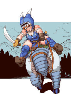 1girl armlet armor belt blue_armor blue_thighhighs blush breasts brown_eyes brown_gloves cleavage cloud curvy daisy_(dq) dragon_quest dragon_quest_yuusha_abel_densetsu fake_horns forest full_body gloves guretsuo helmet highres horned_helmet horns jewelry large_breasts monster mountain muscular muscular_female nature orange_eyes outdoors outside_border plump riding riding_animal scimitar shiny_skin sky solo sword thick_arms thighhighs warrior weapon