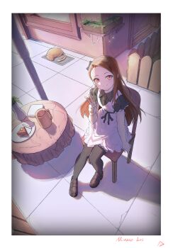 1girl absurdres angrypig animal black_thighhighs border brown_eyes brown_hair brown_shoes cake cake_slice cat chair character_name closed_mouth commentary_request cup dress fence food frilled_dress frills from_above hand_up highres idolmaster idolmaster_(classic) long_hair looking_at_viewer minase_iori mug on_chair outdoors plant plate potted_plant shadow shoes short_sleeves sitting smile solo table temporal_hairline thighhighs v white_border wooden_fence