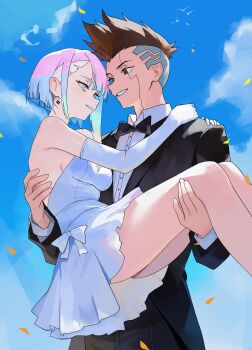 1boy 1girl absurdres aqua_hair bare_shoulders bird black_bow black_bowtie black_jacket black_pants black_suit blue_eyes blue_hair blue_sky bow bowtie brown_eyes brown_hair carrying collared_shirt commentary commission couple cowboy_shot cyberpunk:_edgerunners cyberpunk_(series) david_martinez dress elbow_gloves feet_out_of_frame formal_clothes gloves highres jacket legs long_sleeves looking_at_another lucy_(cyberpunk) multicolored_hair nbee_ya pants parted_lips pink_hair princess_carry shirt sky sleeveless sleeveless_dress smile standing suit teeth thighs white_dress white_gloves white_hair white_shirt