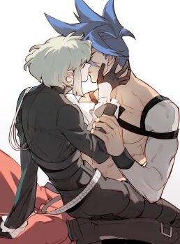 2boys arm_support armband belt black_belt black_footwear black_jacket black_pants black_straps blue_hair boots chest_strap closed_eyes collarbone commentary_request couple frilled_sleeves frills galo_thymos green_hair hair_intakes hand_on_another's_arm hand_on_another's_face highres jacket kiss kneeling lio_fotia long_sleeves male_focus mohawk multiple_belts multiple_boys pants parted_lips pectorals promare ricemune723623 simple_background sitting thigh_belt thigh_strap white_background yaoi