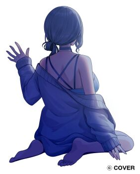 1girl babydoll barefoot blue_babydoll blue_choker breasts cardigan cardigan_partially_removed choker cleavage commentary_request copyright_name criss-cross_halter double-parted_bangs from_behind full_body grey_hair hair_ornament hair_rings hairclip halterneck hand_up hell_fuuna highres hololive jewelry large_breasts looking_at_viewer low_side_ponytail medium_hair necklace official_alternate_costume official_alternate_hairstyle official_art shirogane_noel shirogane_noel_(9th_costume) simple_background single_hair_ring sitting sleeves_past_wrists soles solo virtual_youtuber white_background white_cardigan