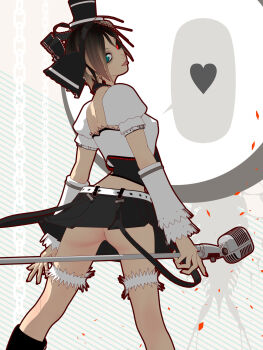 1girl 3d aqua_eyes ass bow brown_hair bug ca_(deino) calne_ca_(deino) chain clothes_lift crustacean deino_(deino3330) detached_sleeves female_focus hair_bow hair_ribbon hat heart heterochromia highres isopod jewelry looking_at_viewer looking_back microphone microphone_stand midriff nail_polish nato-kun no_panties original red_eyes ribbon short_hair simple_background skirt skirt_lift solo spoken_heart suspenders tongue vocaloid wind wind_lift