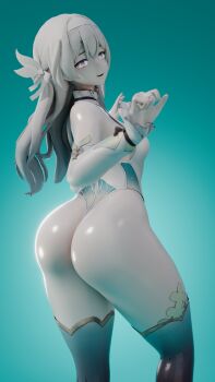 1girl 3d absurdres aqua_leotard aqua_thighhighs ass bare_shoulders breasts detached_sleeves dkclaude3d firefly_(honkai:_star_rail) from_behind grey_hair hair_between_eyes hair_ribbon hairband highres honkai:_star_rail honkai_(series) leotard long_hair looking_at_viewer looking_back multicolored_leotard open_mouth purple_eyes ribbon shiny_skin small_breasts smile solo standing thighhighs white_leotard