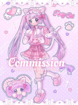 1girl animal_ears backpack bag border breasts cat_ears cat_girl cat_tail commentary_request commission cross full_body hairband heart highres lace lace_border lolita_hairband long_hair long_sleeves looking_at_viewer mary_janes medium_breasts multiple_views necktie original ornate_border pink_eyes pink_hair pink_necktie pink_shoes pink_skirt pink_theme randoseru shirt shoes skeb_commission skirt smile socks standing standing_on_one_leg tail twintails watermark white_shirt white_socks yume_kawaii yuni_(s_ribbon)