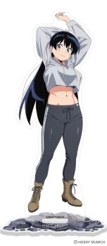 Rule 34 | 1girl, arato nagi, black hair, breasts, earrings, jewelry, large breasts, midriff, navel, official art, pants, ruri no houseki, smile, sweatpants