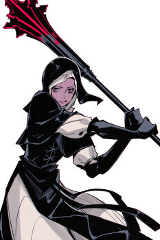 1girl black_capelet black_gloves black_hood blood bloody_weapon capelet cowboy_shot dress elbow_gloves elden_ring elden_ring_nightreign flanged_mace gloves highres holding holding_mace holding_weapon incoming_attack jiro_(ninetysix) mace nun pelvic_curtain solo swinging_weapon undertaker_(elden_ring) weapon white_background white_coif white_dress