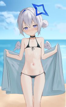1girl absurdres amane_kanata angel_wings badao beach bikini black_bikini blush flat_chest grey_hair hair_bun halo highres hololive looking_at_viewer micro_bikini navel outdoors purple_eyes solo swimsuit towel virtual_youtuber wings