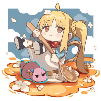 1girl absurdres ahoge black_shoes blonde_hair blush bocchi_the_rock! bow bowtie brown_eyes chibi chibi_only chinese_commentary closed_mouth commentary_request cookie cup dot_nose food full_body gotoh_hitori gotoh_hitori_(tsuchinoko) highres holding holding_spoon ijichi_nijika in_container in_cup long_hair parted_bangs petals polka_dot polka_dot_bow polka_dot_bowtie red_bow red_bowtie saucer shoes side_ponytail sidelocks sitting smile socks spoon teacup tianqiyubao_euc white_socks