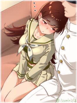 Rule 34 | ..., 1boy, 1girl, admiral (kancolle), between legs, blush, breasts, brown eyes, brown hair, buttons, collarbone, commentary request, couch, embarrassed, hand between own legs, highres, izumi kuma, kantai collection, leaning on person, legs together, long hair, looking at another, looking to the side, medium breasts, midriff, military uniform, miniskirt, navel, neckerchief, nose blush, on couch, ooi (kancolle), pants, pleated skirt, pout, red eyes, sailor collar, school uniform, shirt, sitting, skirt, solo focus, straight hair, sweatdrop, twitter username, white pants, white shirt, yellow neckerchief, yellow sailor collar, yellow shirt