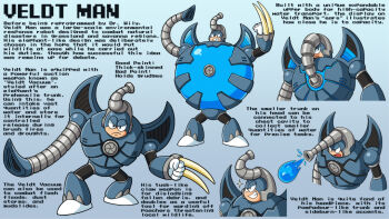 Rule 34 | 1boy, 2025, arm cannon, armor, blue background, character name, charcter name, claw (weapon), clenched teeth, commentary, elephant boy, english commentary, english text, full body, gloves, gradient background, highres, inflation, male focus, mega man: dual override, mega man (classic), mega man (series), mega man robot master design contest, multiple views, original, pointing out the details, serious, shenanimation, shoulder armor, simple background, teeth, water, weapon, white gloves