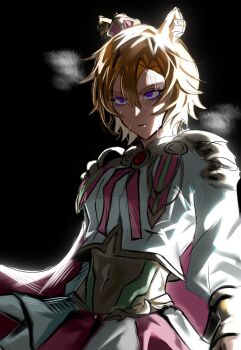 Rule 34 | 1girl, animal ear piercing, animal ears, armor, black background, bracer, cape, clothing cutout, commentary, corset, cowboy shot, crown, exhausted, eyelashes, hair between eyes, hashtag-only commentary, heavy breathing, highres, horse ears, horse girl, lips, long sleeves, looking ahead, mini crown, multiple piercings, navel, neck ribbon, orange hair, parted lips, pauldrons, pink cape, pink crown, pink ribbon, pink skirt, puffy long sleeves, puffy sleeves, purple eyes, ribbon, shirt, short hair, shoulder armor, simple background, skirt, solo, standing, stomach cutout, striped clothes, striped skirt, sweat, t.m. opera o (o sole suo!) (umamusume), t.m. opera o (umamusume), tm3o3, two-tone skirt, umamusume, vertical-striped clothes, vertical-striped skirt, white shirt, white skirt, yellow corset