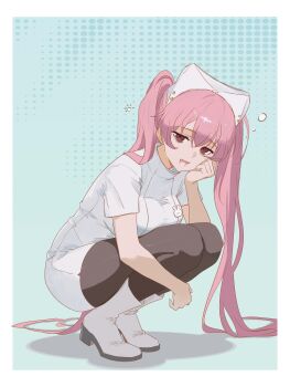 1girl absurdres alternate_costume bags_under_eyes black_pantyhose boots breast_press breasts cheek_press chinese_commentary commentary_request dress drooling dungeon_ni_deai_wo_motomeru_no_wa_machigatteiru_darou_ka full_body hair_between_eyes hand_up hat heith_velvet highres large_breasts legs_folded long_hair looking_at_viewer nurse nurse_cap pantyhose parted_lips pink_hair rabbit_ornament red_eyes short_sleeves signature sleepy solo squatting squeans tight_clothes tight_dress twintails user_kxcv3332 white_boots white_dress white_hat