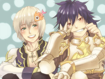 2boys armor black_coat blue_background blue_coat blush breastplate cheek_pinching coat commentary_request cross cross_necklace fish_hair_ornament gold_trim green_eyes grey_hair grey_shirt grin hair_ornament high_priest_(ragnarok_online) jewelry long_hair long_sleeves lord_knight_(ragnarok_online) multiple_boys necklace open_mouth pauldrons pinching purple_hair ragnarok_online sawsou shirt short_hair shoulder_armor smile spiked_gauntlets upper_body white_coat