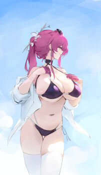 1girl absurdres bare_shoulders bikini black_bikini breasts cleavage dokshuri gloves grin hair_ribbon hand_on_own_chest highres honkai:_star_rail honkai_(series) kafka_(honkai:_star_rail) large_breasts long_hair looking_to_the_side navel open_clothes open_shirt pink_eyes pink_gloves pink_hair ponytail ribbon shirt sidelocks sleeves_rolled_up smile solo stomach swimsuit thighhighs white_ribbon white_shirt white_thighhighs
