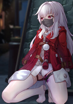 arms_behind_back ball_gag bdsm bondage bound clara_(honkai:_star_rail) commentary_request crotch_rope egg_vibrator gag gag_under_mask gagged grey_hair highres honkai:_star_rail honkai_(series) jacket loli long_hair looking_to_the_side mask mouth_mask no_shoes panties pink_eyes pussy_juice restrained sex_toy shibari shibari_under_clothes shirt skindentation stealth_bondage thigh_strap thighhighs thighs underwear very_long_hair vibrator white_panties white_shirt white_thighhighs yiduan_zhu