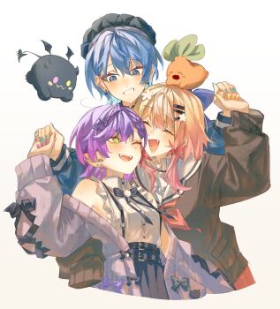 3girls absurdres beret bibi_(tokoyami_towa) black_hat black_skirt blonde_hair blue_eyes blue_hair blue_jacket blue_nails brown_cardigan cardigan closed_eyes collar commentary cropped_torso demon_girl ear_piercing fang flower frilled_collar frills gradient_hair green_eyes grey_cardigan hair_flower hair_ornament hair_over_one_eye hairclip hat highres holding_hands hololive hoshimachi_suisei hoshimachi_suisei_(casual) jacket jirai_kei legzy looking_at_another low-tied_sidelocks momosuzu_nene multicolored_hair multiple_girls nail_polish neckerchief nekko_(momosuzu_nene) off_shoulder official_alternate_costume official_alternate_hairstyle on_head open_mouth orange_nails piercing pink_hair pink_nails pointy_ears purple_hair quilted_headwear red_neckerchief red_skirt sailor_collar shirt sidelocks simple_background skirt sleeveless sleeveless_shirt smile suspender_skirt suspenders symbol-only_commentary tokoyami_towa tokoyami_towa_(jirai_kei) virtual_youtuber white_background white_sailor_collar white_shirt