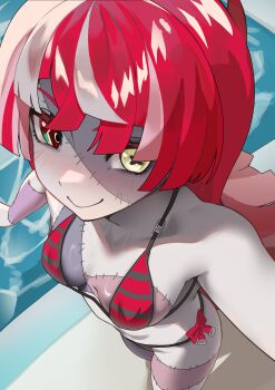 Rule 34 | 1girl, absurdres, artselmetti, bikini, black bikini, breasts, closed mouth, colored skin, commentary, grey skin, highres, hololive, hololive indonesia, kureiji ollie, medium breasts, mismatched pupils, multicolored skin, patchwork skin, red bikini, red eyes, red hair, side-tie bikini bottom, smile, solo, stitched arm, stitched face, stitched torso, stitches, striped bikini, striped clothes, swimsuit, virtual youtuber, zombie