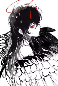 1girl black_hair black_wings commentary demon_horns english_commentary expressionless feathered_wings genderswap genderswap_(mtf) hair_between_eyes halo highres horns kim_dokja long_hair looking_at_viewer looking_back omniscient_reader&#039;s_viewpoint red_eyes serious sidelocks solo twle upper_body wings