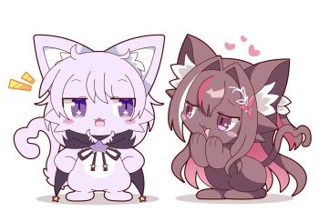 2girls :3 animal_ear_fluff animal_ears azki_(hololive) blush_stickers brown_fur cape cat_ears cat_girl cat_tail chibi chibi_only commentary_request facing_viewer full_body furrification furry heart hololive kuro_(kuro1221_illu) looking_at_another multicolored_hair multiple_girls nekomata_okayu nekomata_okayu_(cat) open_mouth purple_eyes purple_fur purple_hair sidelocks simple_background star_(symbol) star_in_eye streaked_hair symbol_in_eye tail virtual_youtuber white_background