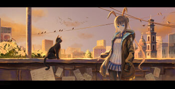 Rule 34 | 1girl, amiya (arknights), animal, animal ears, arknights, ascot, bird, black cat, black jacket, black pantyhose, blue ascot, blue eyes, blue skirt, brown hair, building, cat, closed mouth, cloud, cowboy shot, dusk, evening, hand in pocket, highres, hood, hood down, hooded jacket, jacket, letterboxed, long hair, long sleeves, looking at viewer, open clothes, open jacket, outdoors, pantyhose, paper, plaid clothes, plaid skirt, pleated skirt, ponytail, rabbit ears, rabbit girl, shirt, sidelocks, skirt, sky, solo, standing, sunset, twilight, utility pole, very long hair, vsattce, white shirt