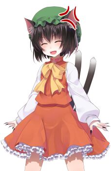 Rule 34 | 1girl, :d, ^ ^, anger vein, animal ear fluff, animal ears, black nails, bow, brown hair, cat ears, cat girl, cat tail, chen, closed eyes, commentary request, cowboy shot, crote, facing viewer, fingernails, frilled skirt, frills, green hat, hat, highres, large variant set, legs apart, long sleeves, mob cap, multiple tails, nail polish, nekomata, open mouth, petticoat, red skirt, red vest, sharp fingernails, shirt, short hair, skirt, sleeve cuffs, sleeves past wrists, smile, standing, tachi-e, tail, teeth, touhou, transparent background, two tails, upper teeth only, v-shaped eyebrows, variant set, vest, white shirt, yellow bow