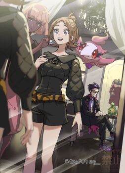 1boy 2girls belt black_shirt black_shorts brown_hair budew chair chandelier commentary_request corbeau_(pokemon) crossed_legs curtains earrings eyelashes gen_4_pokemon gen_6_pokemon harmony_(pokemon) indesign indoors jewelry mirror multiple_girls nintendo pokemon pokemon_(creature) pokemon_legends:_z-a reflection shirt short_hair shorts spritzee watermark