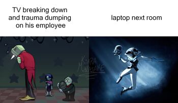 1girl 1other 3boys ant_tenna armor armored_boots artist_name ball basketball_(object) black_boots black_jacket black_lips black_pants blue_bodysuit blue_gloves blue_hair blue_skin blue_tongue bodysuit boots bow bowtie breastplate closed_mouth colored_skin colored_tongue commentary crt deltarune english_commentary english_text freckles gauntlets gloves green_eyes green_pippins headband high_heel_boots high_heels highres holding holding_ball jacket kiaraminasake kris_(dark_world)_(deltarune) kris_(deltarune) lancer_(deltarune) long_nose meme multiple_boys object_head pants pippins_(deltarune) pointy_nose queen_(deltarune) radio_antenna red_bow red_bowtie red_eyes red_headband shirt shoes short_hair signature small_mike_(deltarune) smile sweatband tailcoat tongue tongue_out utdr_(toby_fox) white_gloves white_shirt wide-eyed yellow_shoes