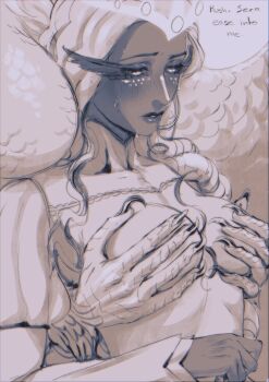 2girls angel angel_wings bird_girl blackberreh-art claws dark-skinned_female dark_skin english_text feathers furry furry_with_non-furry grabbing_another's_breast grabbing_from_behind greyscale groping hazbin_hotel hellaverse highres interspecies long_eyelashes monochrome multiple_girls parted_lips sera_(hazbin_hotel) solo_focus speaker_of_god_(hazbin_hotel) upper_body wings yuri