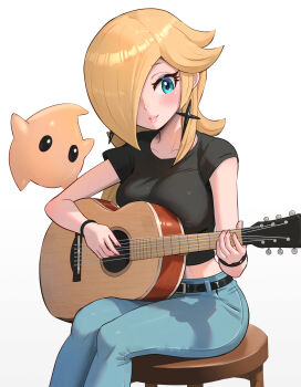1girl belt blonde_hair blue_eyes blush contemporary crossed_legs denim gonzarez guitar hair_over_one_eye highres instrument jeans long_hair luma_(mario) mario_(series) music nintendo official_alternate_costume pants playing_instrument rosalina shirt simple_background sitting smile solo stool super_mario_galaxy super_mario_odyssey t-shirt white_background wristband