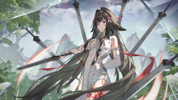 1girl absurdres angel_no_shousou animal_ear_fluff animal_ears architecture arm_behind_back arm_cutout armlet bare_shoulders black_hair blue_sky breasts broken_glass brown_hair china_dress chinese_clothes closed_mouth clothing_cutout cloud clover clover_hair_ornament commentary commentary_request cowboy_shot day detached_sleeves dress droopy_ears east_asian_architecture floating floating_object floating_sword floating_weapon glass glass_shards glint hair_ornament hairband highres holding holding_sword holding_weapon jewelry large_breasts leg_tattoo light_trail long_hair looking_ahead looking_at_viewer medium_breasts mountainous_horizon multiple_swords outdoors outstretched_arm pelvic_curtain pink_lips print_dress qingming_sword red_eyes sidelocks silver_armlet single_hair_intake sky solo sword tassel tattoo tree very_long_hair weapon white_dress white_hairband ye_shunguang zenless_zone_zero