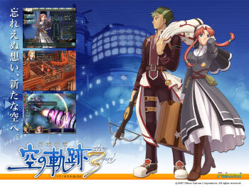 00s 1boy 1girl 2007 belt blue_background boots bow_(weapon) brown_hair company_name copyright_name crossbow dress eiyuu_densetsu falcom full_body green_eyes green_hair kevin_graham long_hair nun official_art pants ries_argent shoes sidelocks sneakers sora_no_kiseki suitcase veil weapon