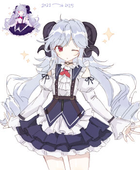 Rule 34 | 1girl, absurdres, artist progress, blue corset, blue hair, blue skirt, choker, commentary request, corset, detached sleeves, frilled shirt, frilled skirt, frills, hardcore tano c, highres, horns, j-core, juliet sleeves, laur, laur-chan, long hair, long sleeves, looking at viewer, low twintails, one eye closed, puffy sleeves, red eyes, redrawn, reference inset, ringlets, sheep horns, shirt, sketch, skirt, sleeveless, sleeveless shirt, solo, sparkle, strap, twintails, very long hair, white shirt, wusem0108