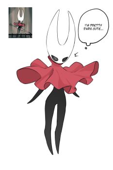 +++ 1girl arthropod_girl black_eyes black_skin blank_eyes cloak cloak_lift colored_skin english_text female_focus full_body furry furry_female hakimen high_collar highres hollow_knight hollow_knight:_silksong hornet_(hollow_knight) legs looking_at_self looking_down no_feet red_cloak reference_inset screenshot_inset simple_background solo speech_bubble standing thought_bubble white_background wind wind_lift