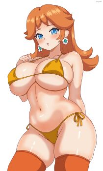 absurdres bare_arms bikini blue_eyes breasts brown_hair collarbone daisy_(flower) earrings eclyart flower flower_earrings highres jewelry large_breasts long_hair looking_at_viewer mario_(series) mixed-language_commentary navel nintendo open_mouth orange_hair orange_thighhighs princess_daisy sidelocks simple_background standing swimsuit thighhighs thighs white_background
